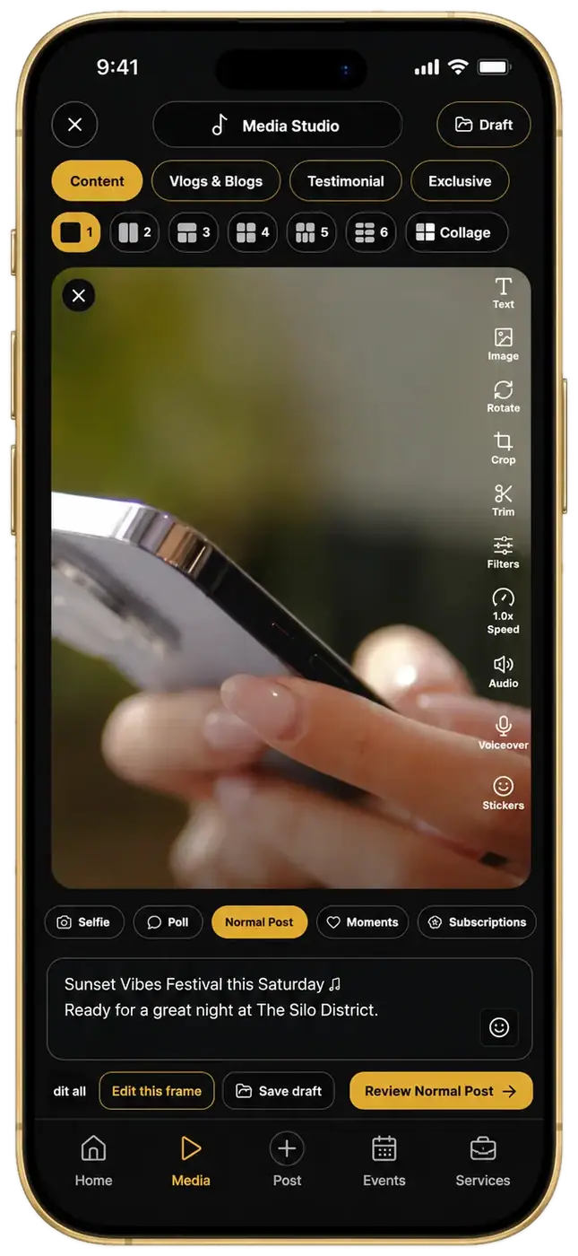Current FomoGigs Media Studio screen in gold iPhone mockup