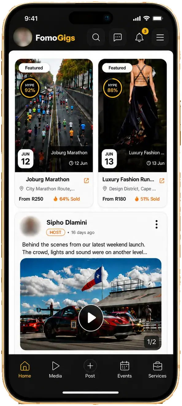 FomoGigs Home app mockup